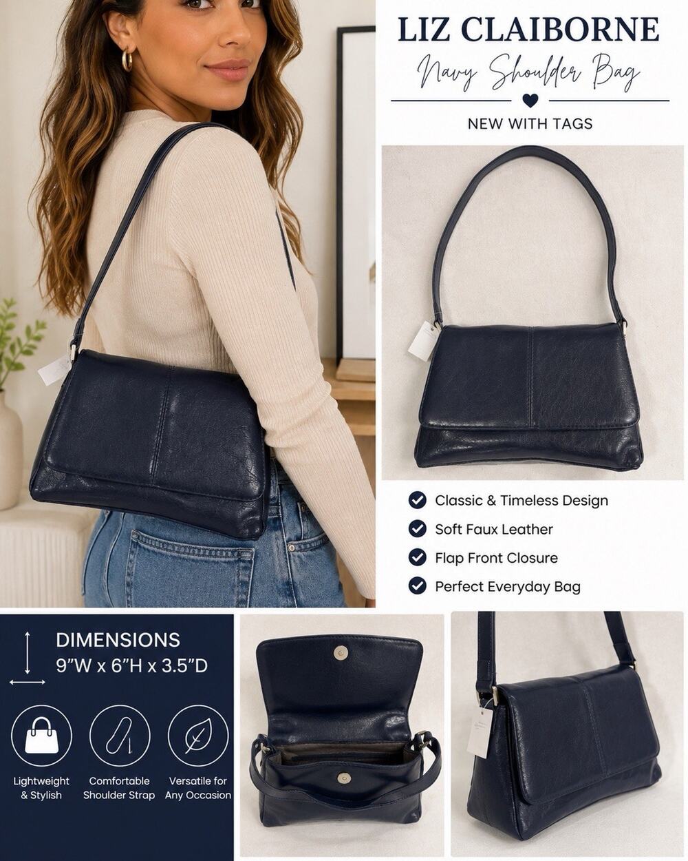 Liz Claiborne Navy Blue Shoulder Bag NWT Classic Minimalist Flap Purse Handbag